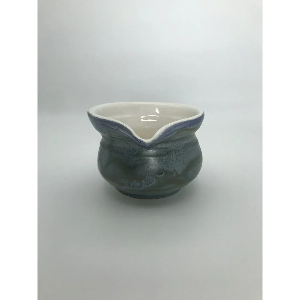 Art Pottery Large Creamer Blue Glaze Signed Dated Handle Ceramic Stoneware Gravy